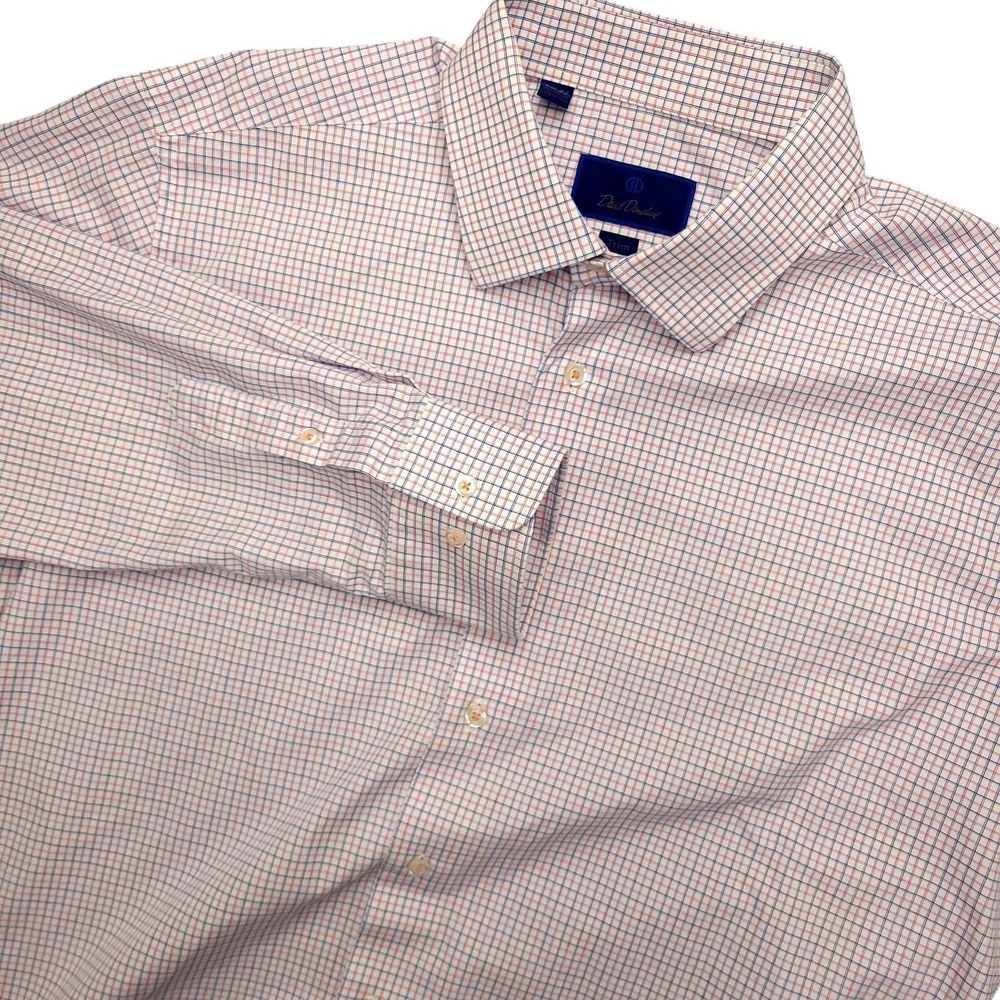 David Donahue Dress Shirt Mens 17.5 32/33 White Blue Check Slim Fit Cotton
